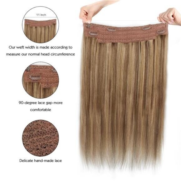 Fish Line Hair Extensions, Chestnut Brown w/Dark Blonde Highlights 22 Inch 100 G - Picture 2 of 7